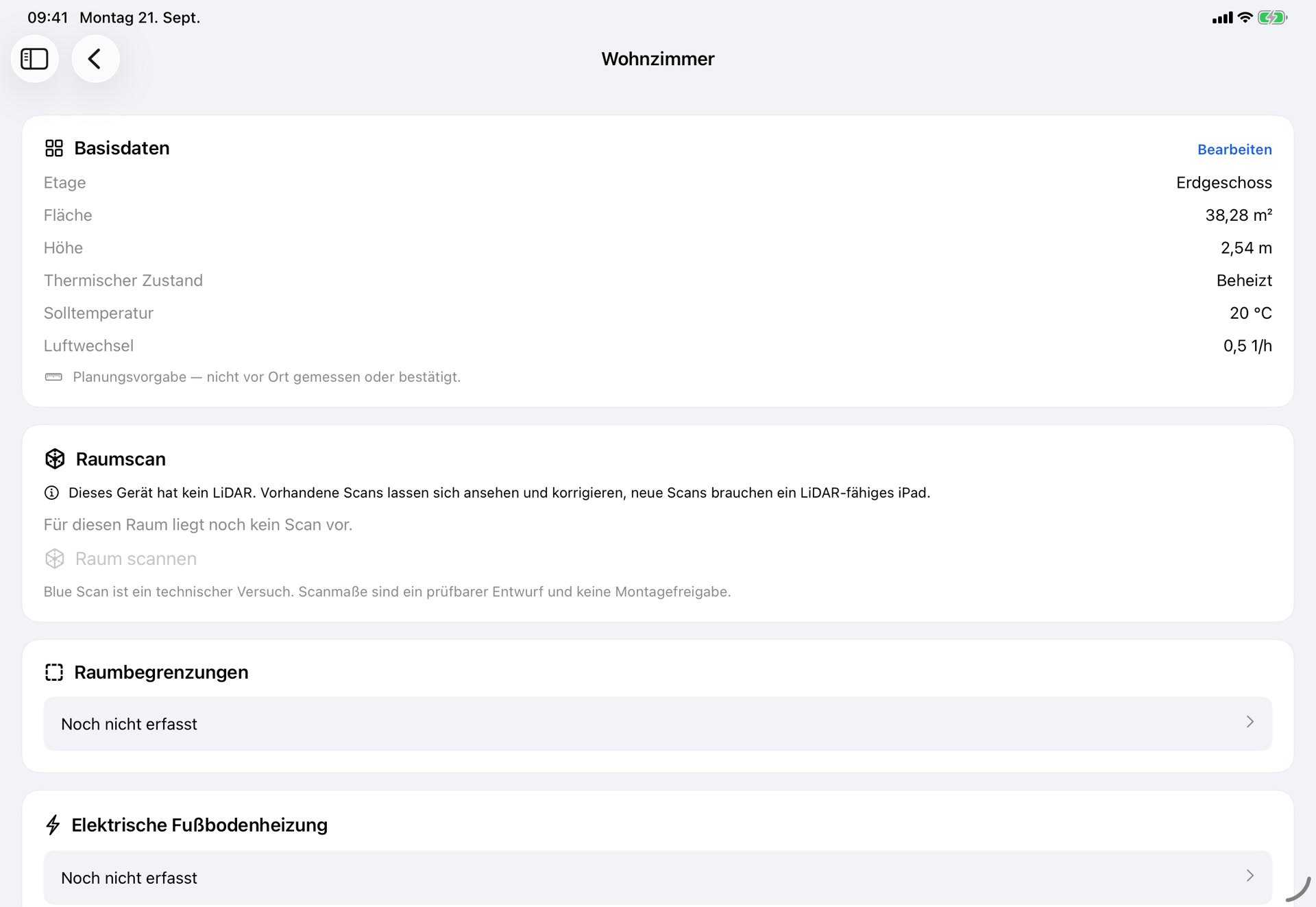Vor Ort erfassen: Raumansicht im iPad-Pilot. Der sichtbare Raumscan ist ausdrücklich ein technischer Versuch.